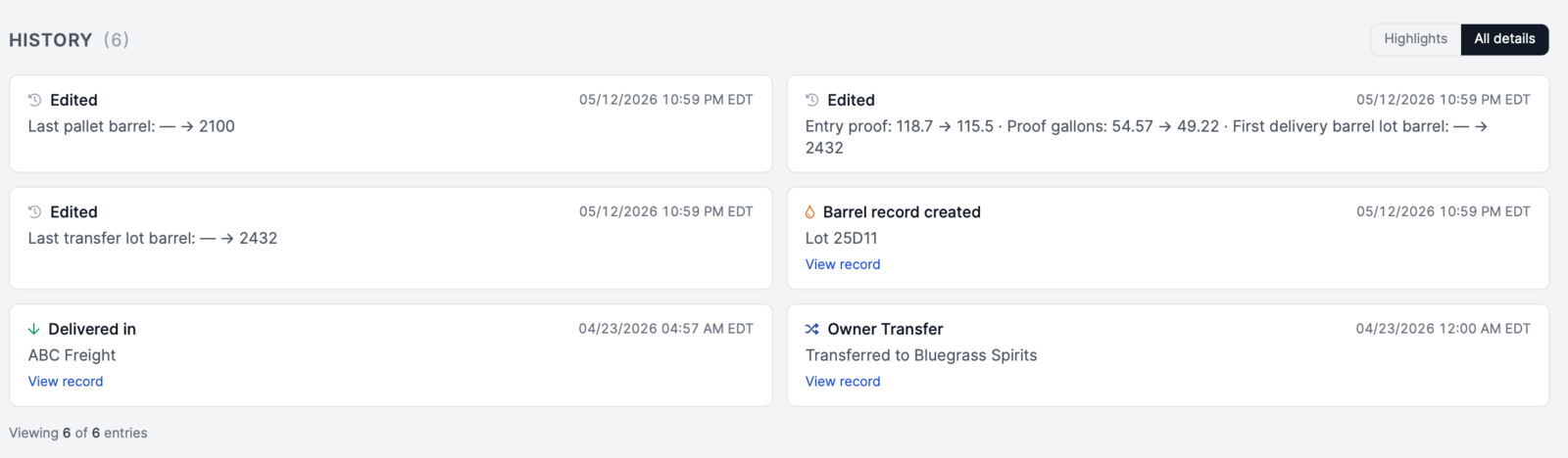 Barrel history audit trail: edits, ownership transfers, and delivery events recorded with timestamps for every barrel