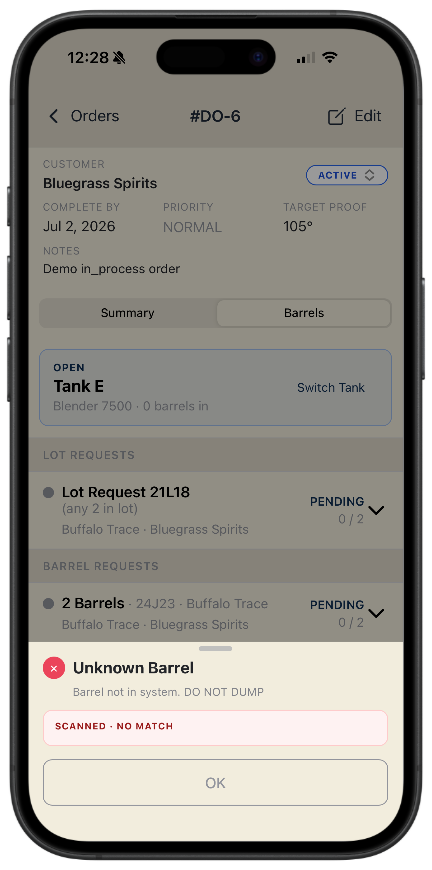 Barrel Scout mobile app blocking a dump order: Unknown Barrel, not in system, do not dump